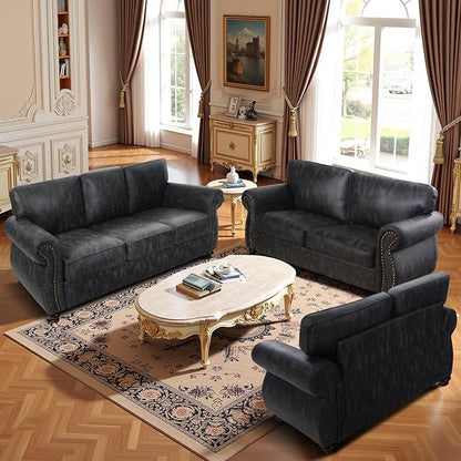 Living Room Furniture Sets,Sofa Sets and Couch Sets for Living Room,Mid-Century Vintage Sofa Couches with Rivet Design (Grey, 2 Loveseat+3 Seater)