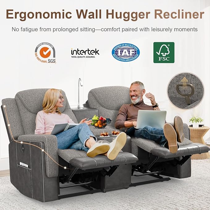 Loveseat Recliner Sofa Set, Manual Reclining Loveseat Sofa with Reading Light, Storage Console, Cup Holders, USB Ports, Grey Linen-Blend Fabric & PU Leather, Living Room Furniture Set