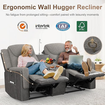 Loveseat Recliner Sofa Set, Manual Reclining Loveseat Sofa with Reading Light, Storage Console, Cup Holders, USB Ports, Grey Linen-Blend Fabric & PU Leather, Living Room Furniture Set