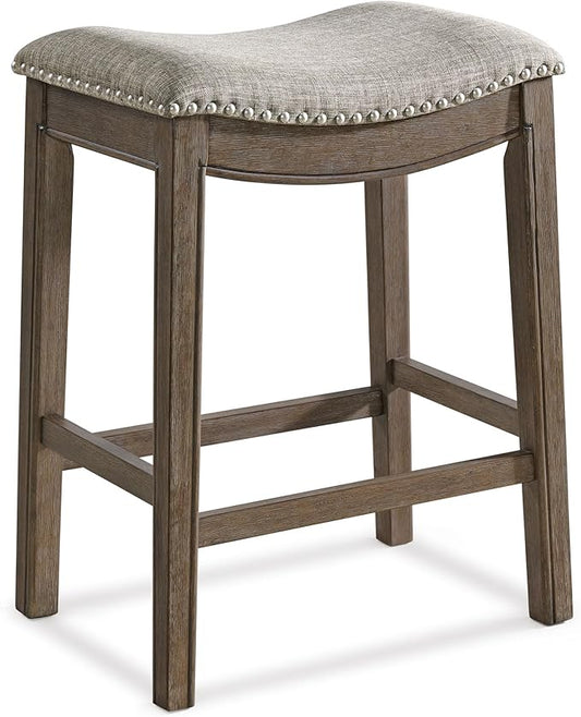 ROME + OAK Parker 26 Inch Counter Stool, Backless Saddle Kitchen Barstool in Walnut Finish with Grey Fabric Upholstery Cushion Seat