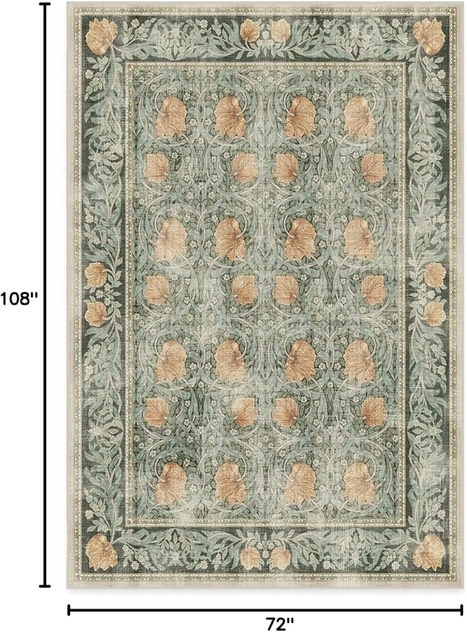 RUGGABLE x Morris & Co Washable Area Rug– Pimpernel Vintage Green 6x9, Stain-Resistant, Non-Slip – Medium Machine Washable Rugs for Living Room, Bedroom, Hallway, Entryway & Office–with Cushioned Pad