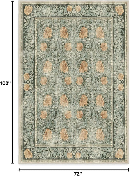 RUGGABLE x Morris & Co Washable Area Rug– Pimpernel Vintage Green 6x9, Stain-Resistant, Non-Slip – Medium Machine Washable Rugs for Living Room, Bedroom, Hallway, Entryway & Office–with Cushioned Pad