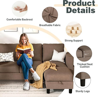 JY QAQA Convertible Sectional Sofa Couch with 3-Seat Sofa, L-Shaped Ottoman Couch with Modern Linen Fabric for Small Living Room, Apartment and Small Space(Brown)