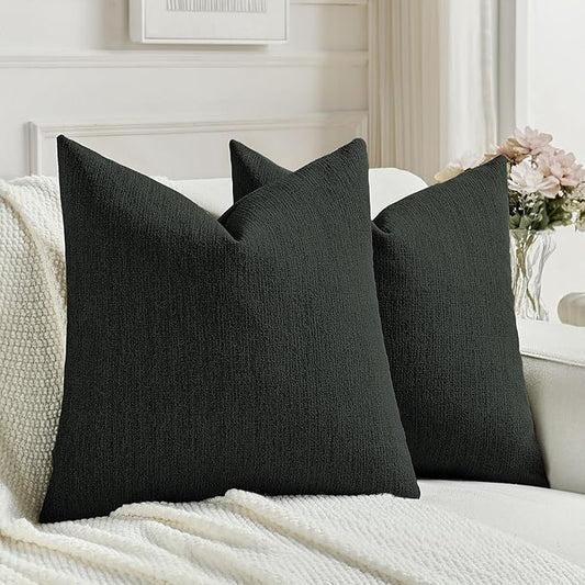 FUTEI Black Chenille Decorative Throw Pillow Covers 24x24 Inch Set of 2,Soft Cozy Faux Linen Textured European Pillow Shams,Farmhouse Home Decor for Couch Living Room