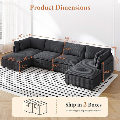 Vesgantti 143" U Shaped Sectional Modular Couch, Comfy Corduroy Upholstered Modular Cloud Sofas for Living Room, Modern Sectional Sofa with 2 Ottoman Deep Seat, Dark Grey
