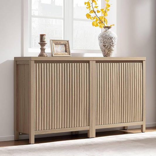 SICOTAS Sideboard Buffet Cabinet with Storage, Fluted Credenza Console Cabinet with Adjustable Shelves, Farmhouse Coffee Bar Storage Cabinets for Kitchen, Living Room, Entryway, Light Oak, 2 PCS