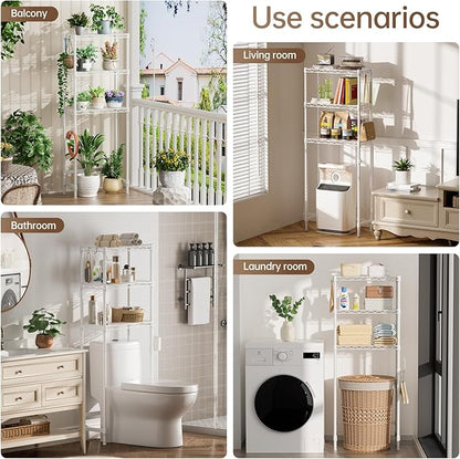 Over The Toilet Shelf,3-Tier Adjustable Freestanding Metal Bathroom Organizer Shelves with Toilet Paper Holder & Hooks,Space-Saving for Narrow Small Bathroom,10”D x 24”W x 66”H,White