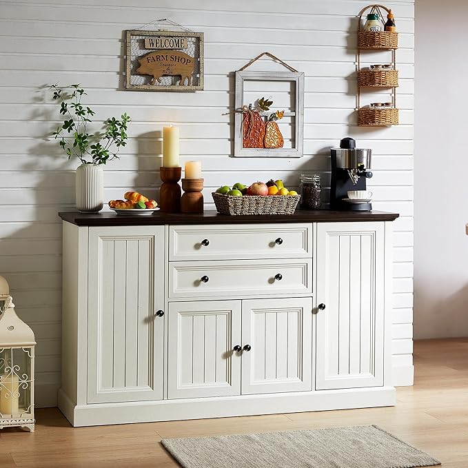 Farmhouse 58" Buffet Cabinet with Storage, 34" Tall Coffee Bar Cabinet w/2 Large Drawers & 4 Grooved Barn Doors, Wood Rustic Sideboard Buffet Cabinet for Dinning Room, Kitchen, Living Room,White