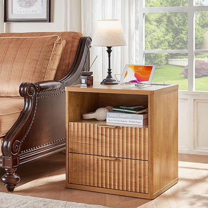 LEYAOYAO Fluted Farmhouse Nightstand Set of 2 with Charging Station, 23" Wide 2 & 3 Drawers Large End Table with Metal Handle, Brown Night Stand Bedside Table, Wood Dresser for Bedroom,Closet