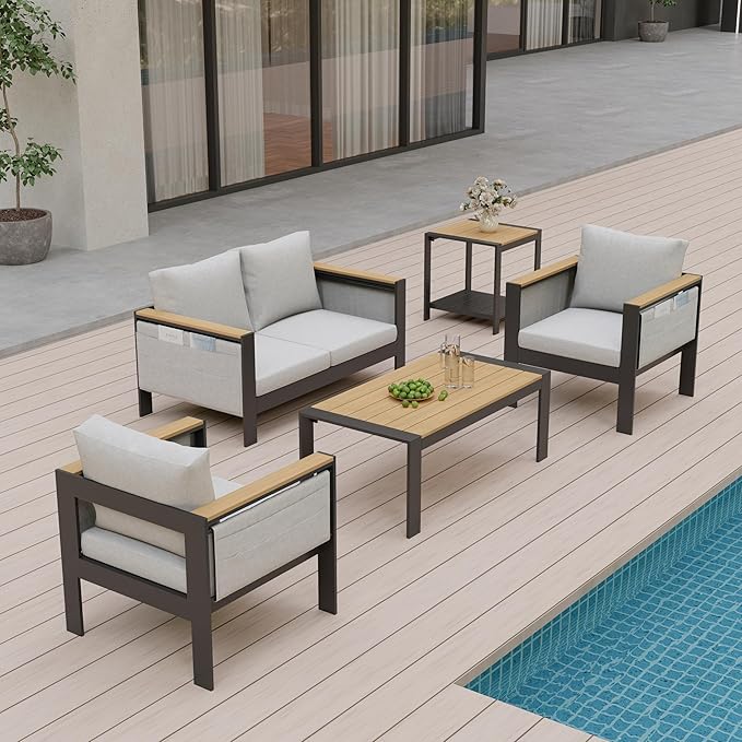 Corinth 5-Piece Aluminum Patio Conversation Set - Outdoor, Porch, Balcony, Yard, Gardern, All Weather Furniture Set with Loveseat Sofa, White