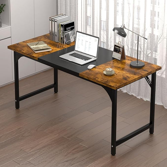 AZN Computer Desk, 55in Computer Desk, Gaming Office Desk w/Carbon Fiber Tabletop, Gaming Office Desk w/Sturdy Metal Frame, Home Office Desks w/Large Legroom for Game Work Study Writing,RusticBrown
