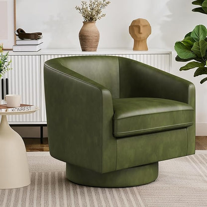 Swivel Barrel Accent Chair, Round Faux Leather Living Room Arm Chairs, Modern Upholstered Comfty Reading Nook Chairs for Bedroom, Small Club Armchair, Single Sofa Side Chair, Green