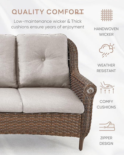 Patio Loveseat Outdoor Wicker Sofa - Heavy Duty All-Weather Brown Rattan 2-Person Sofas with High Back and Comfortable Thick Cushions for Garden Back Porch Poolside Apartment - Beige