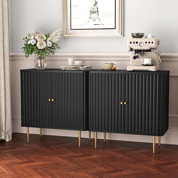 HLR Sideboard Buffet Cabinet with Fluted Texture, White Accent Cabinet with 2 Doors, Modern Credenza Storage for Kitchen Living Room, Entryway (Black, 2Piece)