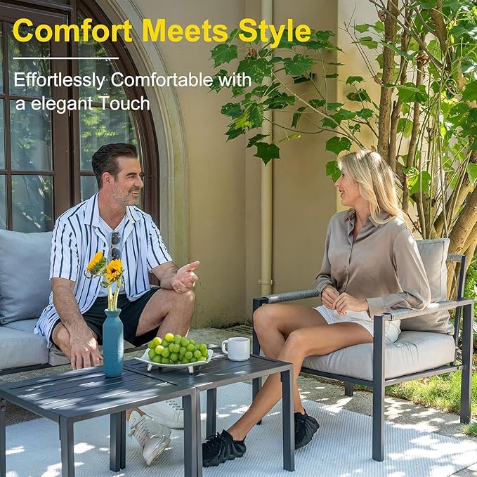 Sundale Outdoor 3 Pieces Patio Rattan Furniture Set, All-weather Metal Outdoor Conversation Set with 6 Inch Cushions and Coffee Table, Outdoor Sofa Set for Garden, Backyard, Porch, Balcony, Light Grey