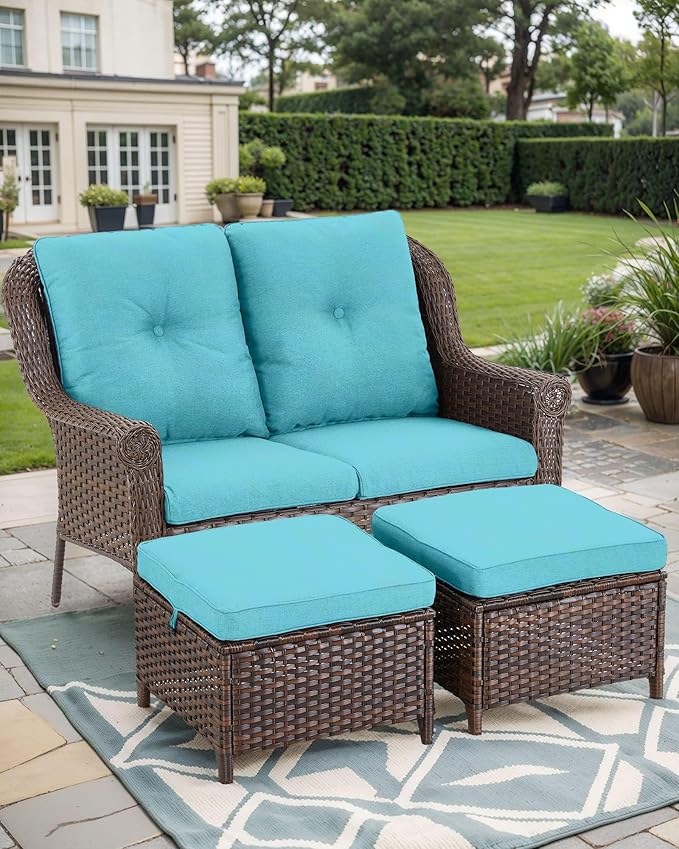 Patio Loveseat Outdoor Wicker Sofa - Heavy Duty All-Weather Brown Rattan 2-Person Sofas with High Back and Comfortable Thick Cushions for Garden Back Porch Poolside Apartment - Turqoise