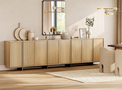 WAMPAT Modern Sideboard Buffet with 8 Doors, Multifunctional Sideboard with Large Storage and T-Shaped Legs, Coffee Bar Cabinet Storage for Kitchen, Living Room, Oak