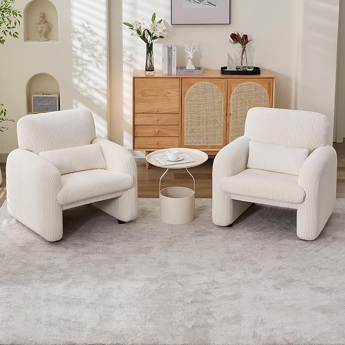 Corduroy Fabric Accent Chairs Set of 2, Modern Upholstered Living Room Chairs with Lumbar Pillow, Wide Comfy Leisure Armchair for Bedroom, Office, Reading, White