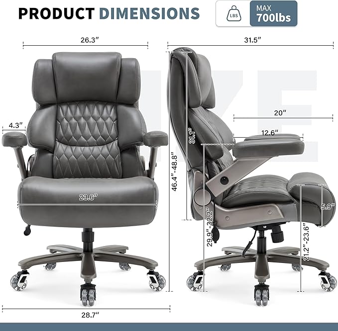 Big and Tall Office Chair 700lbs- Large High Back Executive Computer Desk Chair with 3D Flip-Up Arms, Adjustable Lumbar Support, Extra Wide Plus Size Seat, Heavy Duty Metal Base & Quiet Rubber Wheels