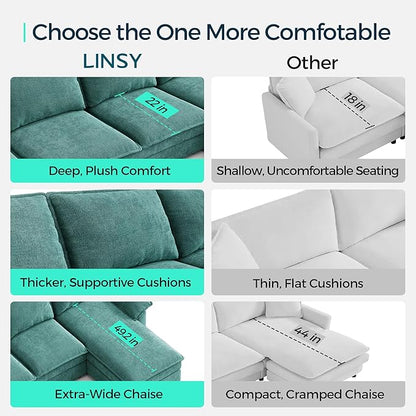 LINSY HOME Modular Cloud Couch, 113" L Shaped Sectional Sofa with Double Layer Cushions and Ottoman, Chenille 4 Seater Sofa Set for Living Room, Apartment, Green