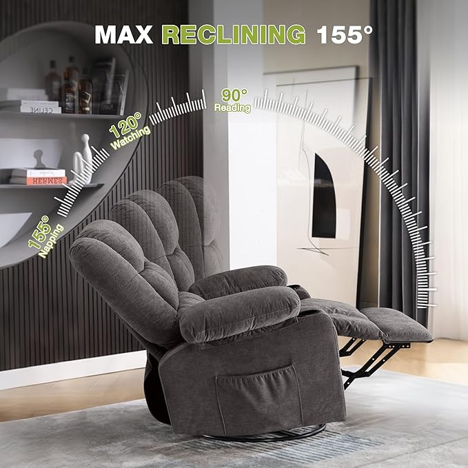 Power Recliner Chair with Rocking Function for Adults,Oversized Swivel Recliner with 2 Cup Holders,Side Pocket for Living Room