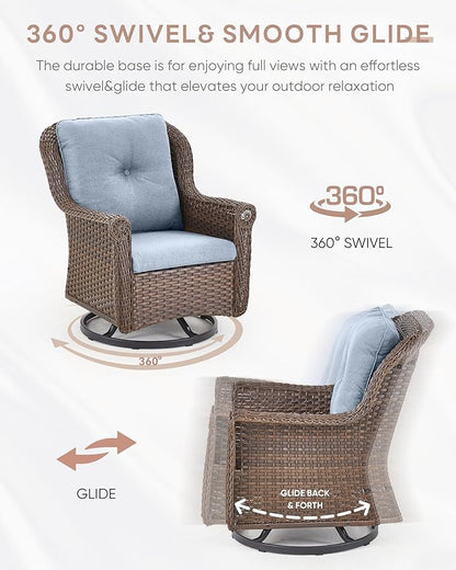 3 Piece Patio Swivel Chairs and Side Table Set - High Back Outdoor Brown Wicker Rattan Rocking Glider with Thick Cushions for Porch Apartment Deck Yard Poolside Garden - Baby Blue