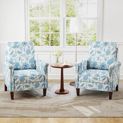 GOFLAME Floral Accent Chairs Set of 2, Comfy Upholstered Armchairs with Rubber Wood Legs and Thick Padded Cushion, High Back Single Sofa Chairs, Reading Side Chairs for Living Room, Bedroom, Blue