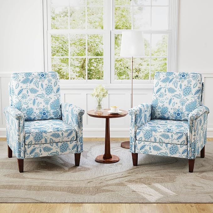 GOFLAME Floral Accent Chair, Comfy Upholstered Armchair with Rubber Wood Legs and Thick Padded Cushion, High Back Single Sofa Chair, Reading Side Chair for Living Room, Bedroom, Blue