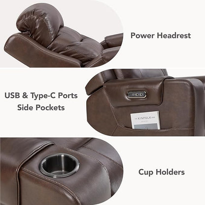 Watson & Whitely Oversized Genuine Leather Power Recliner Chairs for Big and Tall, Extra Wide Lay Flat Recliner with Power Headrest & Cup Holders, Electric Reclining Sofa for Living Room, Dark Brown