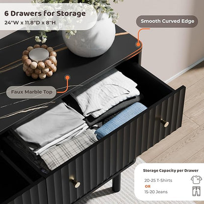RECCI Fluted 6 Drawers Dresser for Bedroom, 54" Wide Chest of Drawers with 3D Fluted Panel, Faux Marble Top, Solid Wood Legs, Storage Drawers, TV Stand, Closet Chests for Bedroom, Black