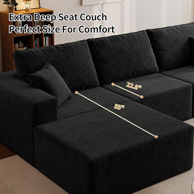 139" Boneless Cloud Sectional Couch for Living Room, Compressed Modular L-Shaped Sofa with Deep Seat, Frameless Corduroy Couch in Boxes, No Assembly Required 4-Seater (Right-Facing Chaise, Black)