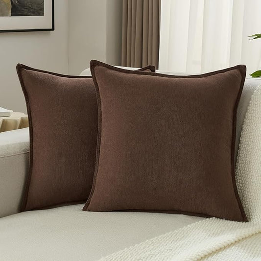FUTEI Brown Chenille Throw Pillow Covers 22x22 Inch Set of 2,Edges Double-Stitched Cushion Cases,Modern Home Decor for Couch Living Room