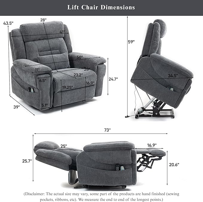 Big Man Power Lift Recliner for Elderly Adults 28 Inch Wide Seat, Oversized Recliner 400 lbs with Heat Massage, Lay Flat Recliner Chair Cup Holder & Wireless Phone Charger, USB Type C Charging