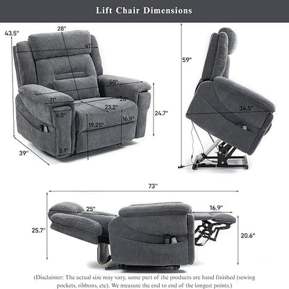 Big Man Power Lift Recliner for Elderly Adults 28 Inch Wide Seat, Oversized Recliner 400 lbs with Heat Massage, Lay Flat Recliner Chair Cup Holder & Wireless Phone Charger, USB Type C Charging