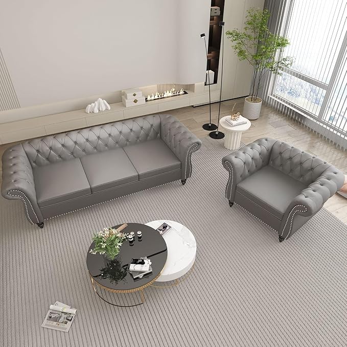 Living Room Chair, Modern Leather Chesterfield Sofa Chair, Mid Century Single Sofa Couch Chair with Tufted Back and Rolled Arms, Accent Sofa Chair for Living Room Apartment, Grey