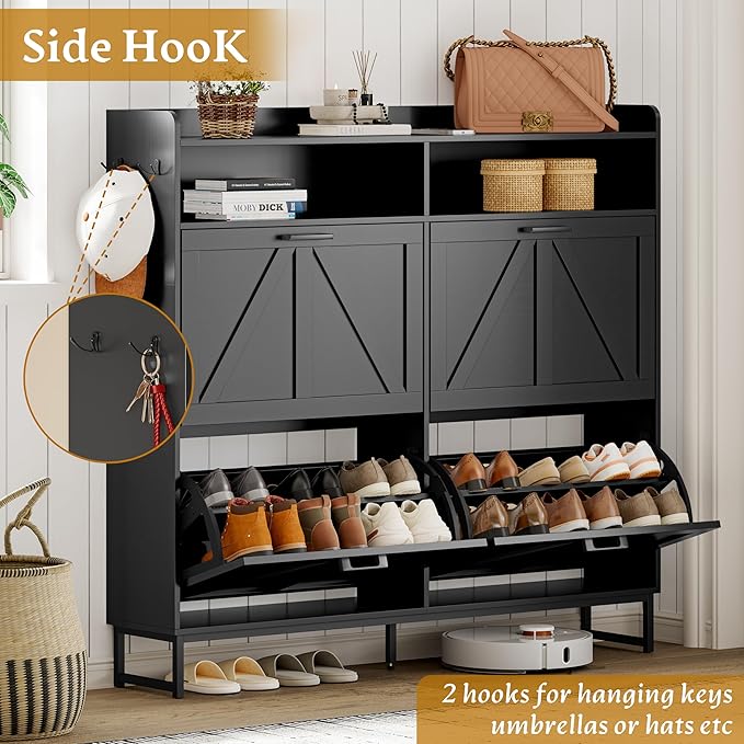 Shoe Cabinet Storage for Entryway, Shoe Storage Cabinet with 4 Flip Drawers, Freestanding Narrow Shoe Rack Organizer with Metal Legs, Adjustable Shelves & Open Storage for Foyer, Hallway, Black