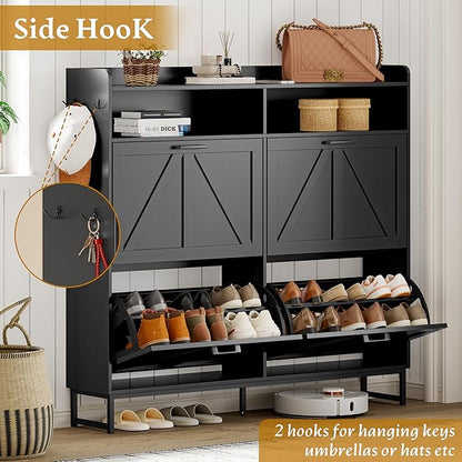 Shoe Cabinet Storage for Entryway, Shoe Storage Cabinet with 4 Flip Drawers, Freestanding Narrow Shoe Rack Organizer with Metal Legs, Adjustable Shelves & Open Storage for Foyer, Hallway, Black