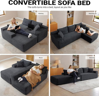 108" Cloud Sectional Couch,Modern Modular Sectional Sofa with Deep Seat,Corduroy Boneless Couches with L-Shape Chaise for Living Room,No Assembly Required (Black, Right Facing Chaise)