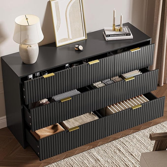 3-Piece Dresser Bedroom Set, 7 Drawer Dresser & 3 Drawer Nightstands with Gold Handles, Fluted Wood Chest of Drawers for Bedroom, Living Room, Entryway, Black