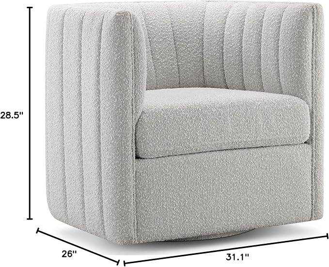 CHERS Rivet Mid-Century Modern Swivel Armchair, Bouclé Fabric Channel-Tufted Accent Chair, 360-Degree Rotating Lounge Chair with Ergonomic Design for Living Room, Bedroom, Home Theater, Light Gray