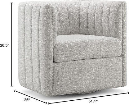 CHERS Rivet Mid-Century Modern Swivel Armchair, Bouclé Fabric Channel-Tufted Accent Chair, 360-Degree Rotating Lounge Chair with Ergonomic Design for Living Room, Bedroom, Home Theater, Light Gray