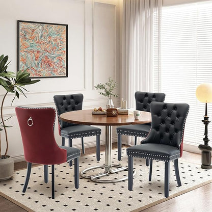 Leather Upholstered Dining Chairs Set of 4, Modern Style Kitchen Side Chairs with Nailhead Trim and Wood Leg, Metal Pulling Ring for Dining Room Living Room(Black&Wine Red)