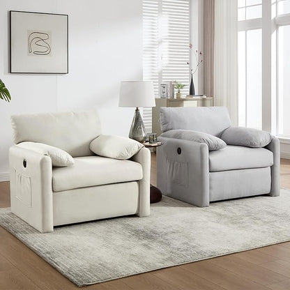 Oversized Accent Chair 38" Wide Mid-Century Modern Armchair for Living Room,USB and Type-C Ports,Comfy Reading Chairs for Bedroom with Side Pockets,Single Sofa Chair (Beige, Set of 1)
