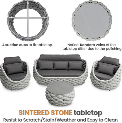 Rope Patio Furniture Set: 4 Pieces Aluminum Outdoor Couch Set Cushioned - Assembled Conversation Sofa Set Modern - Metal Porch Seating for 5 Person - All Weather for Deck Garden Poolside Hotel