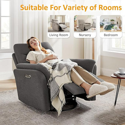 VANOMi Power Recliner Chair Swivel Glider, Electric Rocking Recliner Chairs with USB and Type-C Ports, Nursery Chair Recliner for Office, Living Room, Bedroom（Dark Gray）