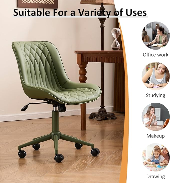 YOUNIKE Home Office Desk Chair with Wheels Armless Vanity Chair with Back Comfy Modern Leather Upholstered Rolling Task Chair Swivel Small Cute No Arms Wide Adjustable Ergonomic All Green