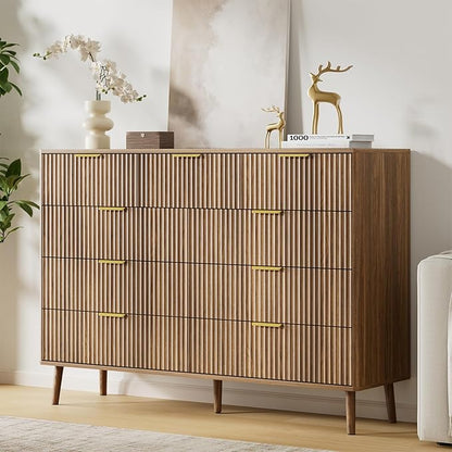 LYNSOM Fluted 9 Drawer Dresser for Bedroom, 55" Wide Modern Chest of Drawers with Curved Profile Design and Metal Handles, Wood Dresser TV Stand & Storage Organizer for Bedroom, Hallway, Walnut