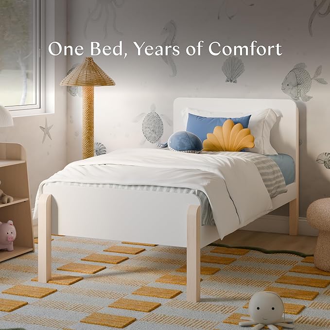 Babyletto Tiptoe Twin Bed for Kids - Sturdy Wood Twin Bed Frames with Headboard - Playful Modern Design - Perfect for Kids Bedrooms, Guest Rooms & Growing Families - White