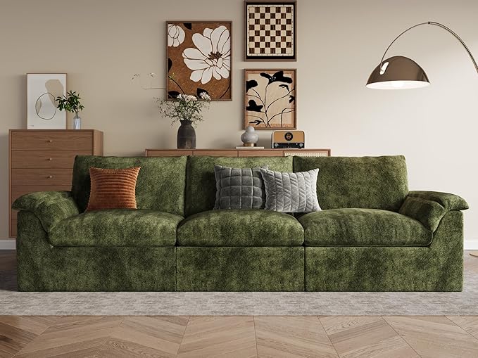 EASE MOOSE Oversized Boneless Couch for Living Room, Sectional Cloud Sofa, Modular Cloud Couch, 3-Seater Deep Seat Sofas with Pillow for Bedroom, Apartment, No Assembly Required, Chenille (Green)