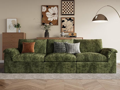 EASE MOOSE Oversized Boneless Couch for Living Room, Sectional Cloud Sofa, Modular Cloud Couch, 3-Seater Deep Seat Sofas with Pillow for Bedroom, Apartment, No Assembly Required, Chenille (Green)